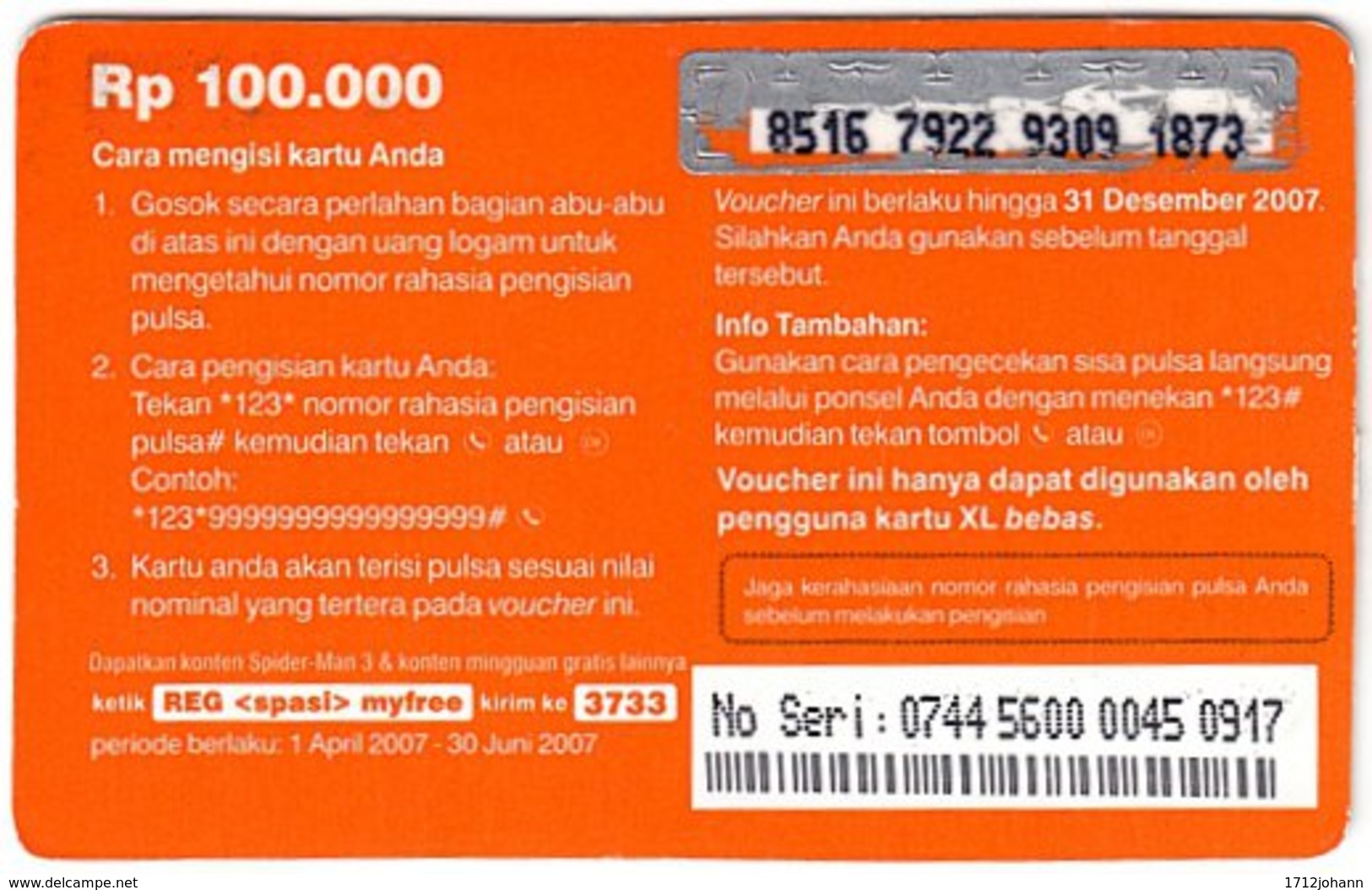 INDONESIA A-739 Prepaid XLJempol - Cinema, Spider Man 3 - Used - Indonesië