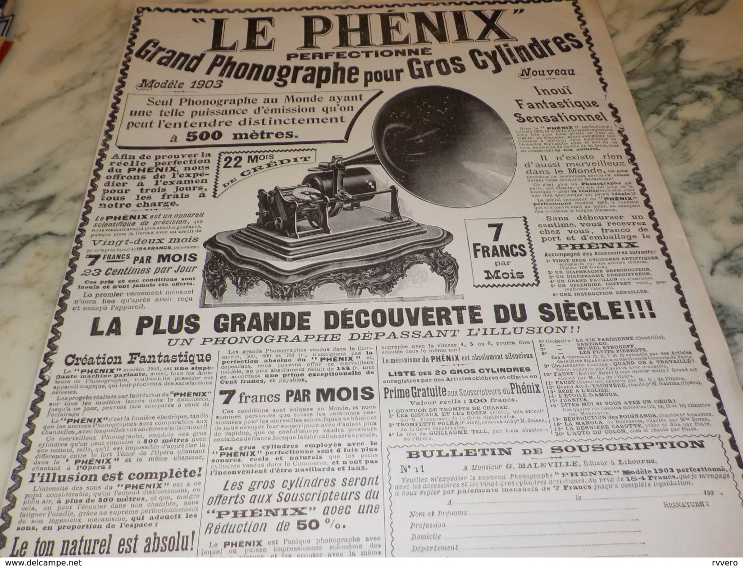 ANCIENNE PUBLICITE PHONOGRAPHE POUR GROS CYLINDRES LE PHENIX 1903 - Other & Unclassified