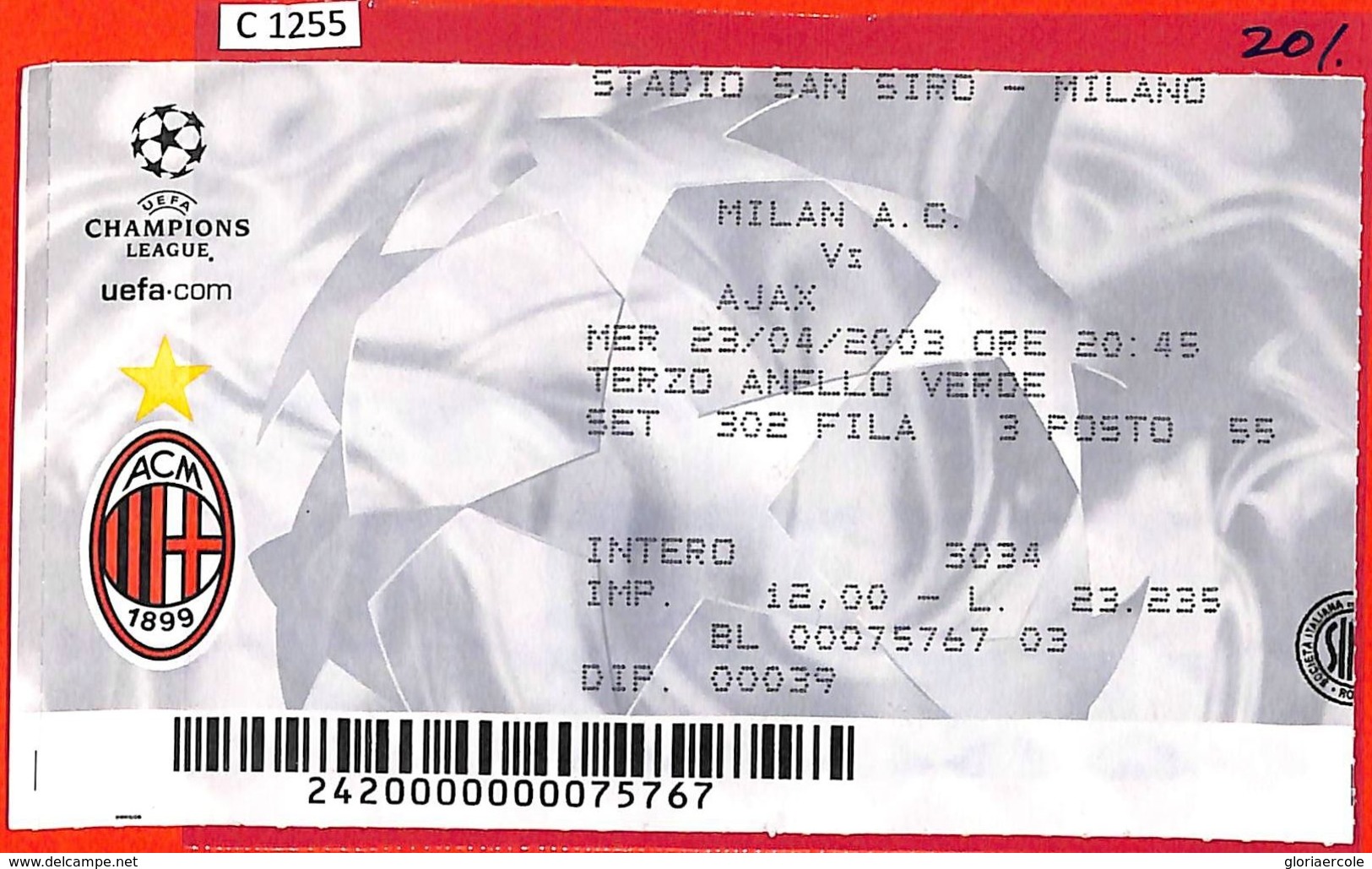 C1255 - Collectible FOOTBALL TICKET Stub - Champions 2003: Milan AC Vs AJAX - Andere & Zonder Classificatie