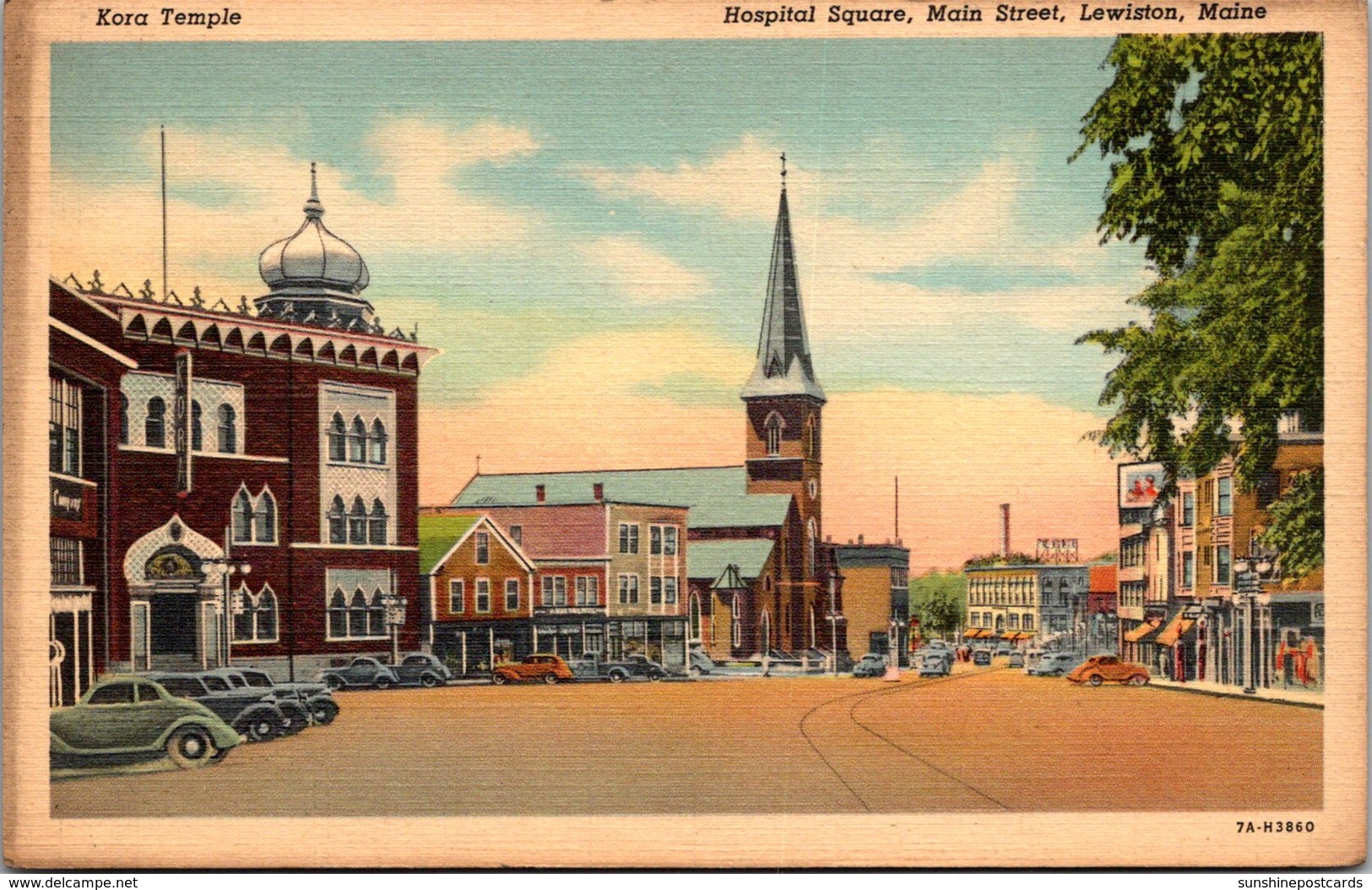 Maine Lewiston Main Street Hospital Square Kora Temple 1946 Curteich - Lewiston
