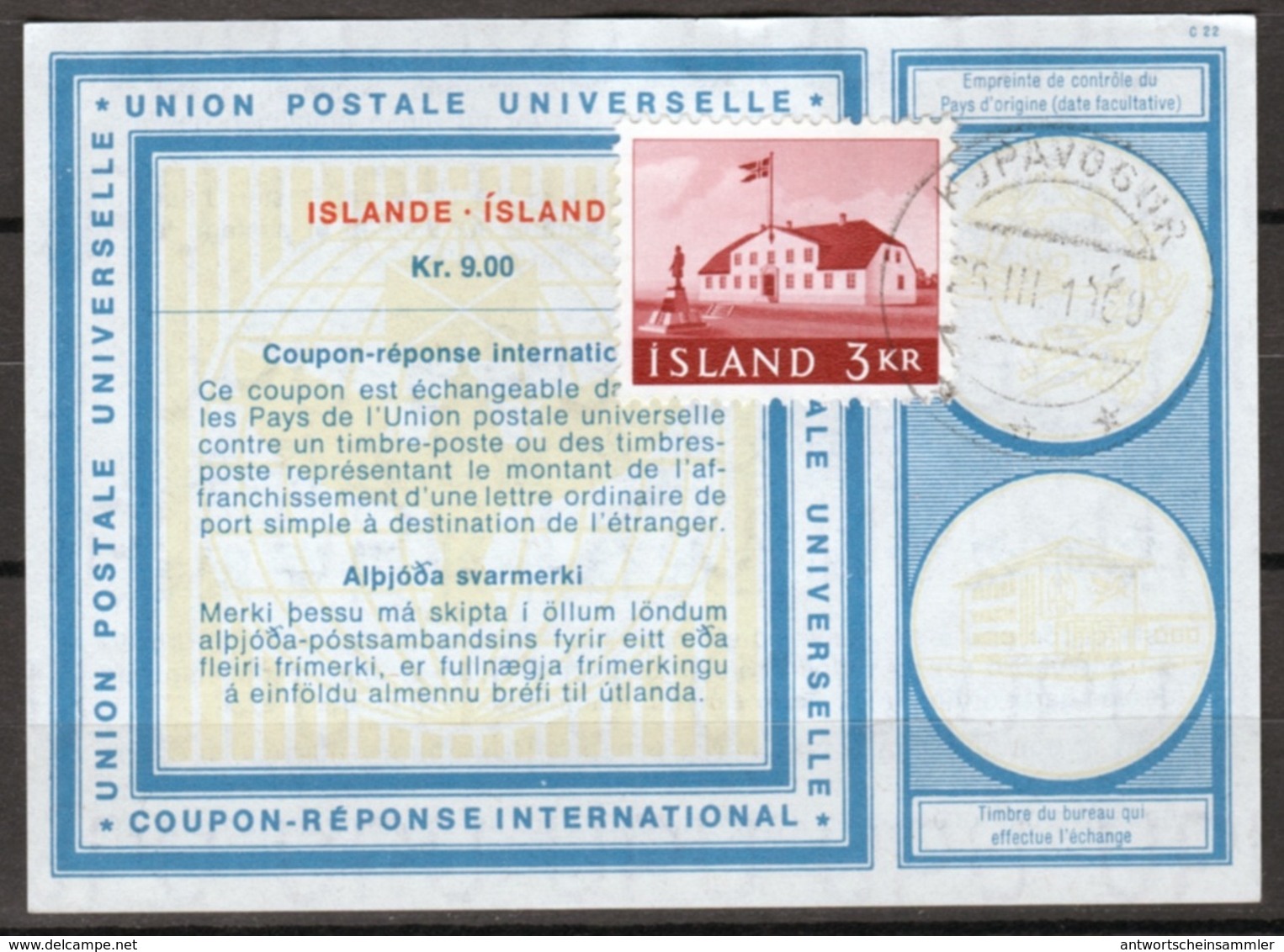 ISLANDE / ICELAND Vi19 Kr. 9.00 + Stamp 3 KR  International Reply Coupon Reponse Antwortschein IAS IRC KOPAVOGUR 26.3.69 - Entiers Postaux