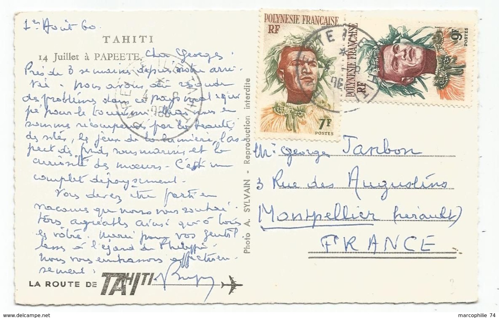 TAHITI FETE DU 14 JUILLET PAPEETE CARTE + TIMBRE 9FR+7FR 1960 - Polynésie Française