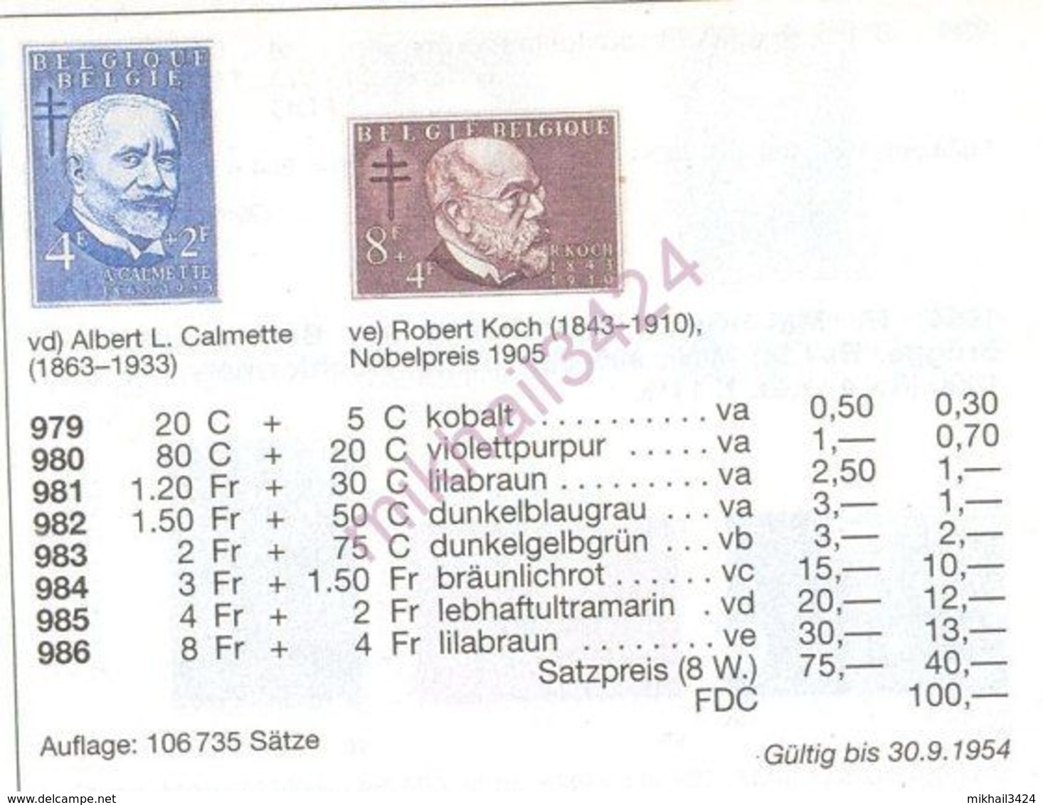 M1429 ✅ ﻿﻿Medicine Tuberculosis Doctors R. Koch 1953 Belgium 8v Set MNH ** 75ME - Medicine