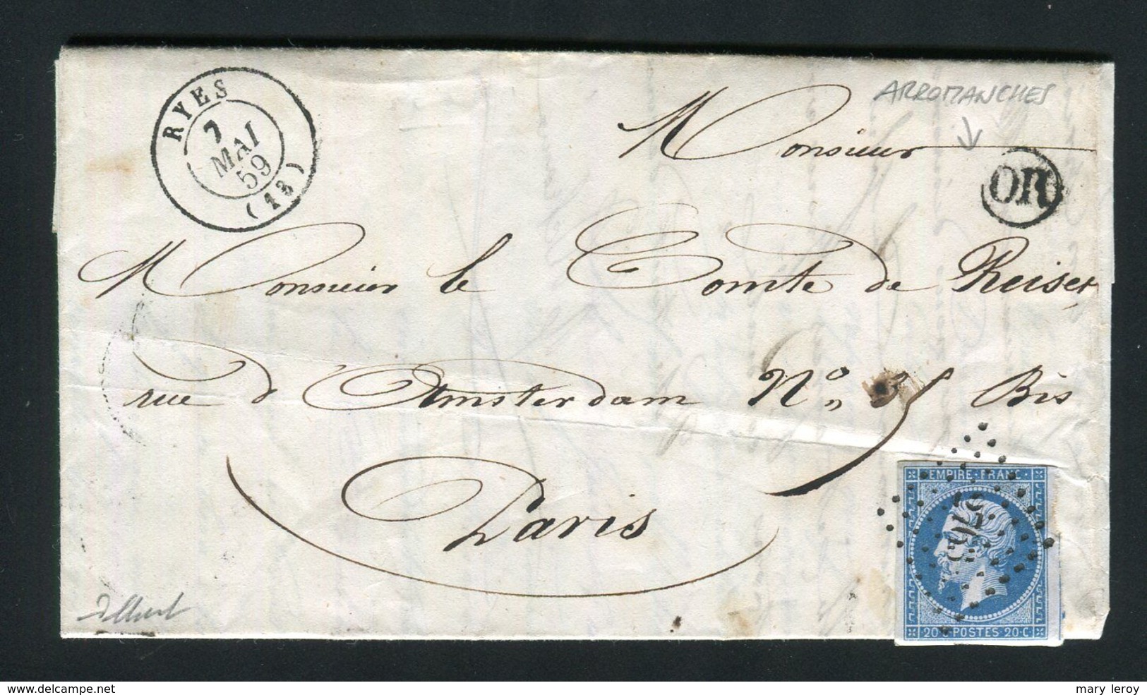 Rare Lettre D'Arromanches Par Ryes ( Calvados 1859 ) Pour Paris - Cachet PC 2763 - 1849-1876: Période Classique