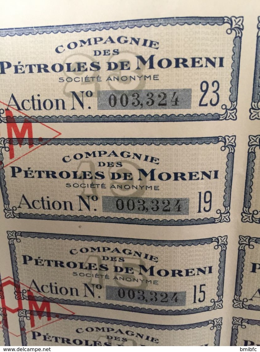 Compagnie Des Pétroles De MORENI - Action De 100 Francs Au Porteur N° 003,324 - Aardolie