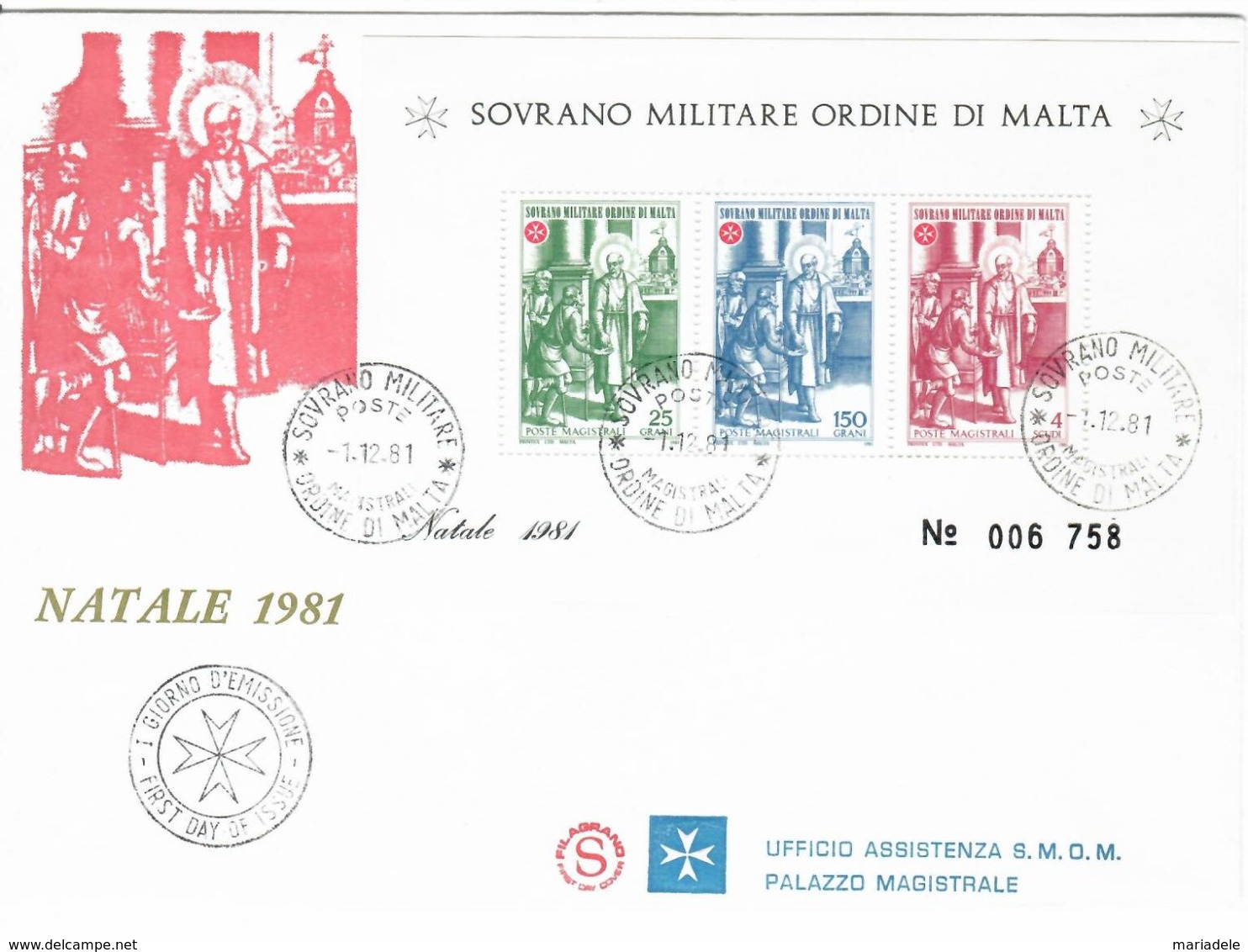 SMOM 1981, Natale Foglietto (o), FDC Filagrano - Malta (Orde Van)