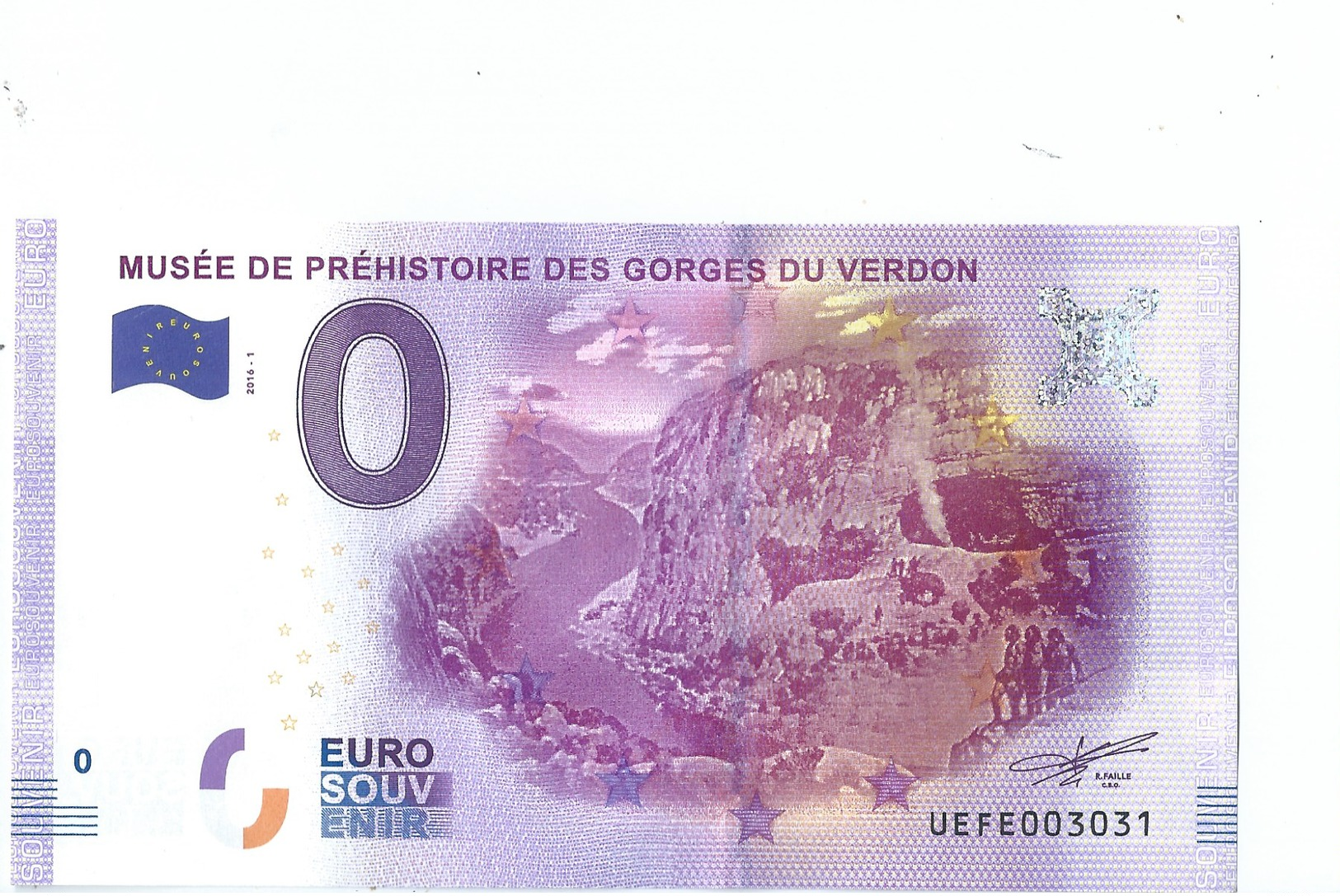 2016 BILLET TOURISTIQUE 0 Euro  Musee Prehistoire Des Gorges Du Verdon Dpt 14  Port 1.50  Numero Aleatoire - Otros & Sin Clasificación