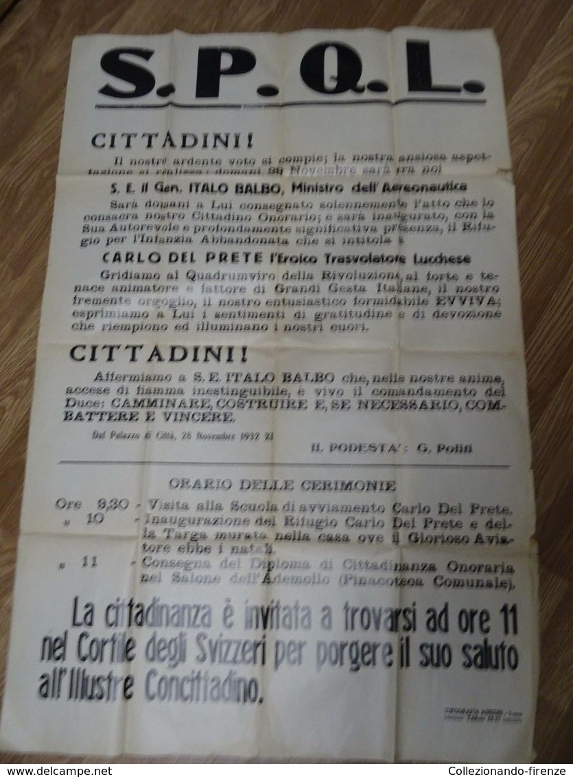 Manifesto Di Propaganda Fascista Lucca SPQL- 28 Novembre 1932 - Historical Documents