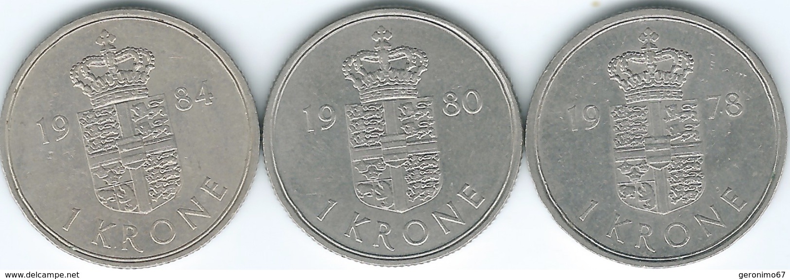 Denmark - Margrethe II - 1 Krone - 1978 (KM862.1) 1980 (KM862.2) & 1984 (KM862.3) - Danimarca