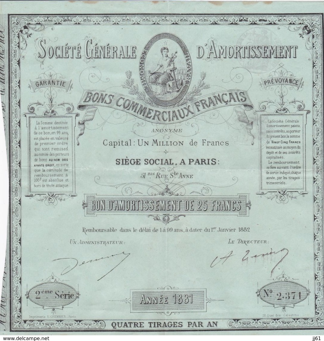 PARIS SOCIETE GENERALE D AMORTISSEMENT BONS COMMERCIAUX FRANCAIS BON  DE 25 FRANCS 2 Eme SERIE N° 2371 ANNEE 1881 - G - I