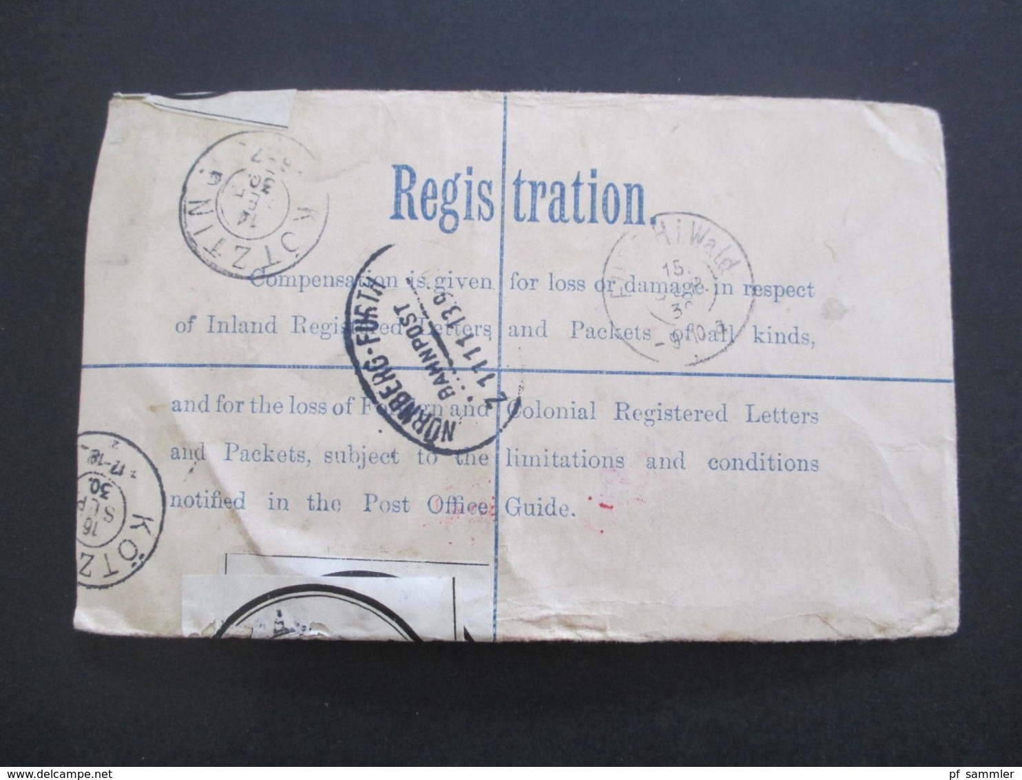 GB 1930 GA Umschlag registered Letter mit Zusatzfrankatur und Klebezettel Postamt und zollamtlich abgefertig + Bahnpost