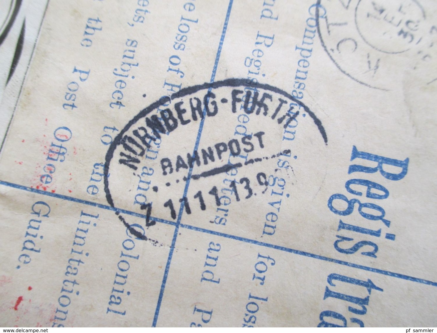 GB 1930 GA Umschlag registered Letter mit Zusatzfrankatur und Klebezettel Postamt und zollamtlich abgefertig + Bahnpost