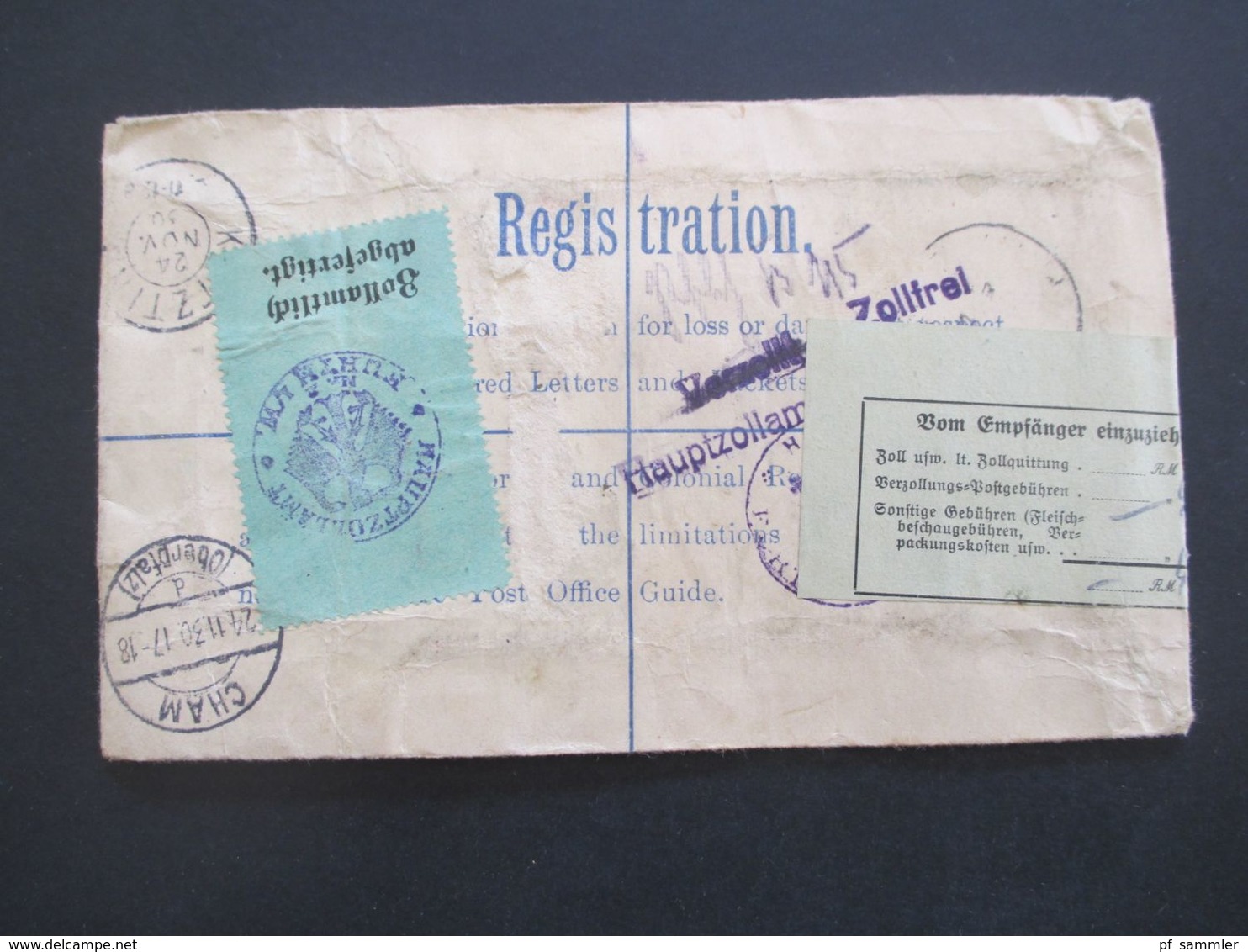 GB 1930 GA registered Letter mit Zusatzfrankatur und Klebezettel zollamtlich abgefertig / Vom Empfänger... Nachgebühr