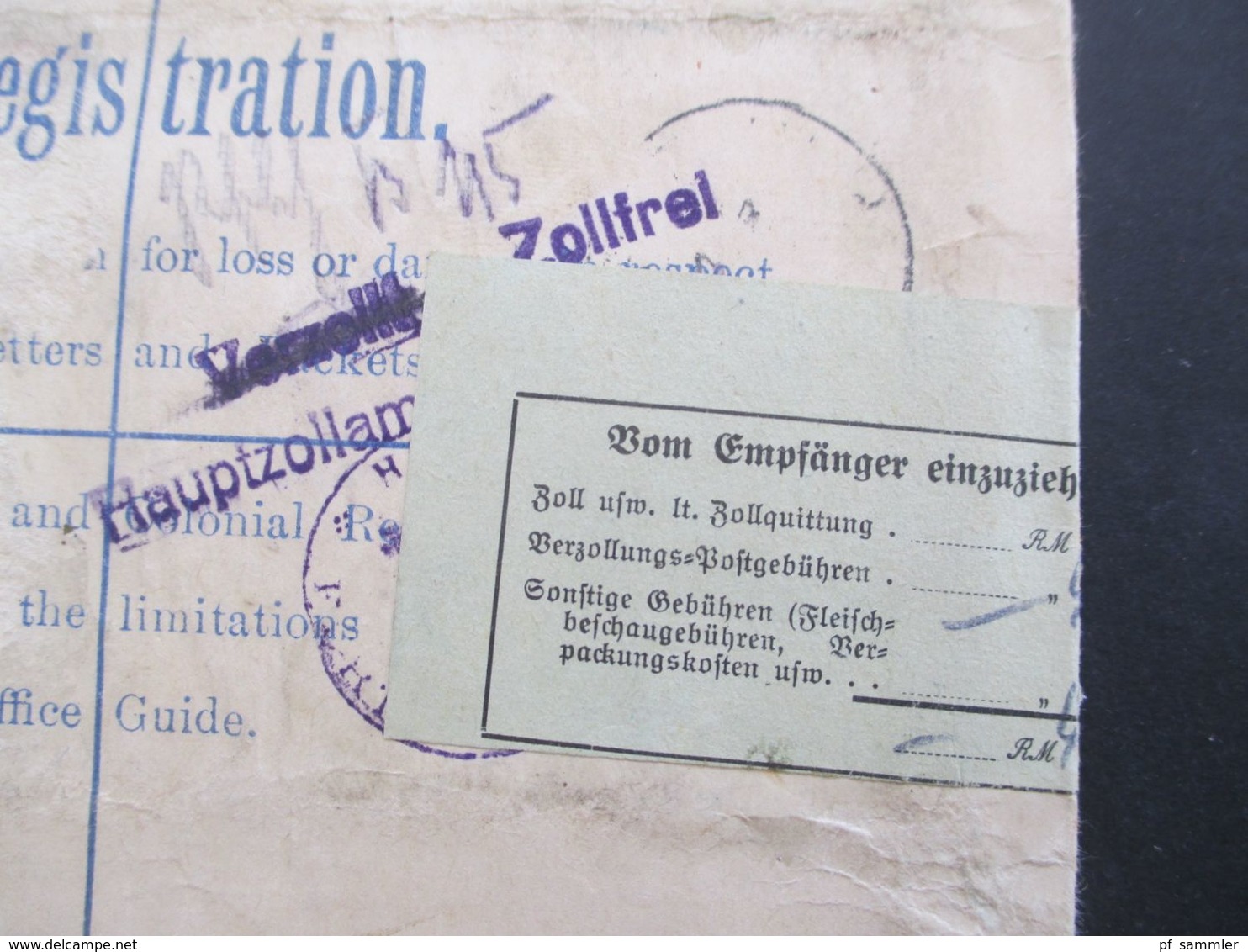 GB 1930 GA registered Letter mit Zusatzfrankatur und Klebezettel zollamtlich abgefertig / Vom Empfänger... Nachgebühr