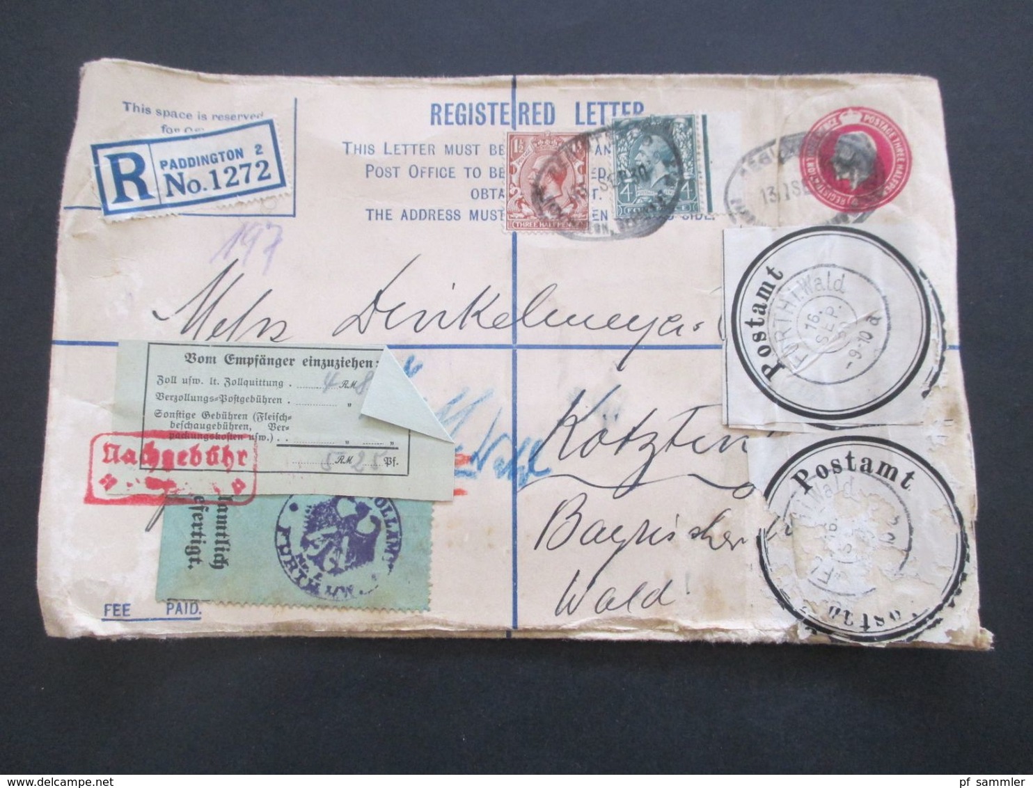 GB 1930 GA Registered Letter Mit Zusatzfrankatur Und Klebezettel Zollamtlich Abgefertig / Vom Empfänger... Nachgebühr - Briefe U. Dokumente