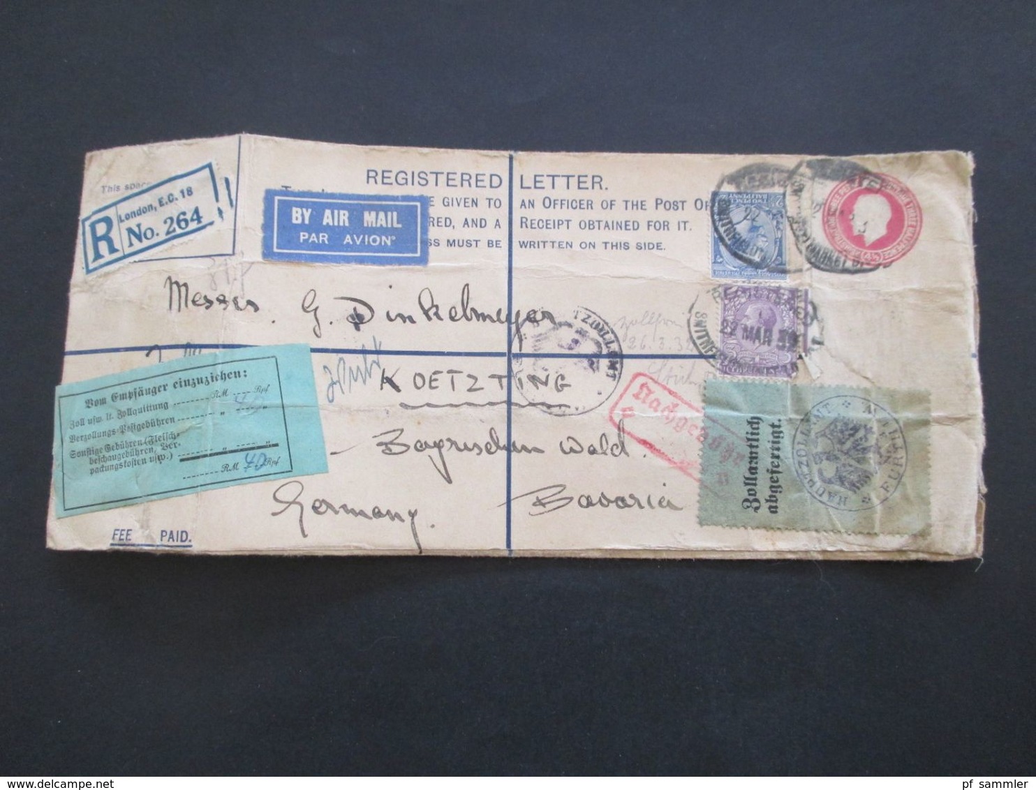 GB 1932 GA Registered Letter Zusatzfrankatur + Klebezettel Zollamtlich Abgefertig / Vom Empfänger... Nachgebühr Airmail - Cartas & Documentos