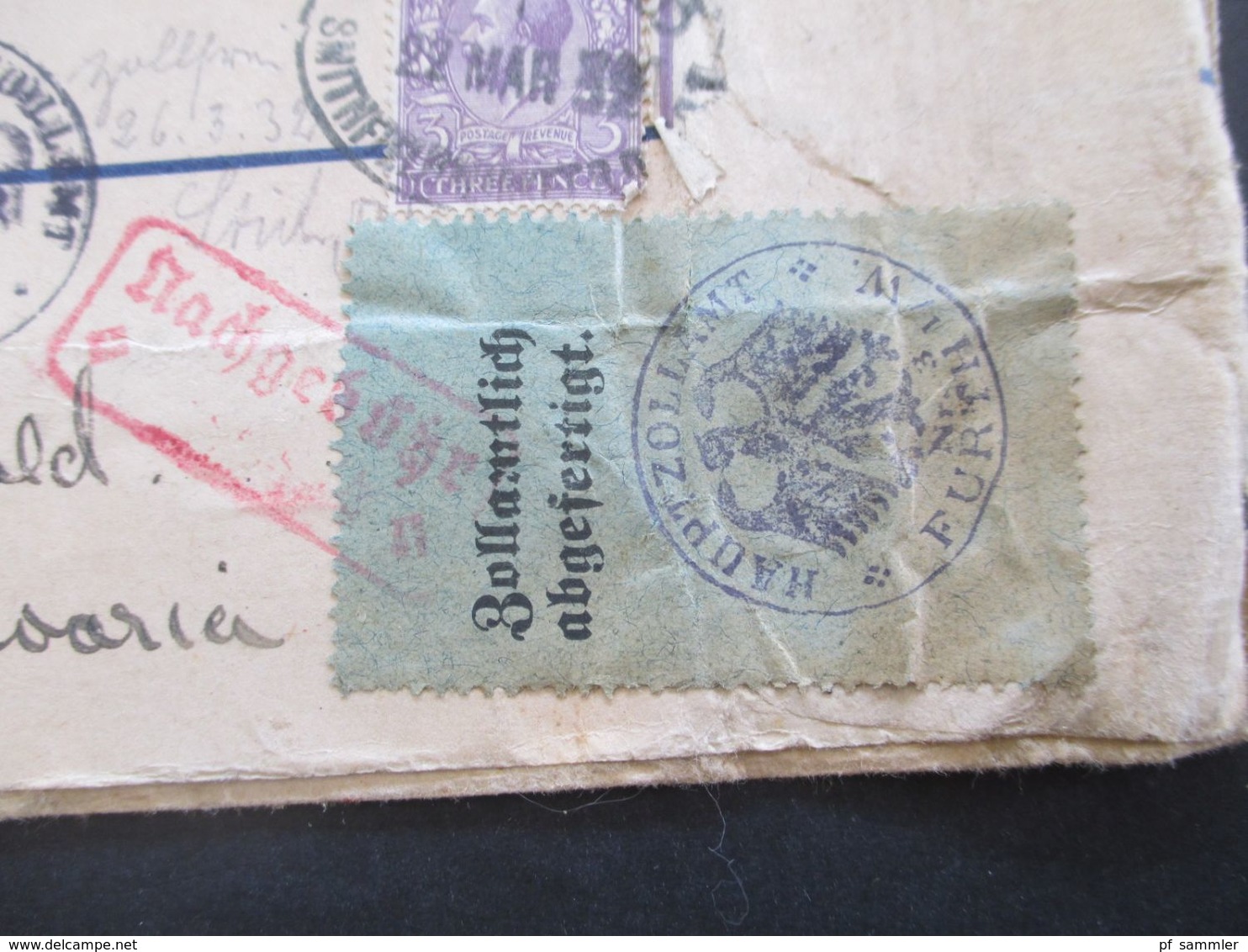 GB 1932 GA Registered Letter Zusatzfrankatur + Klebezettel Zollamtlich Abgefertig / Vom Empfänger... Nachgebühr Airmail - Storia Postale