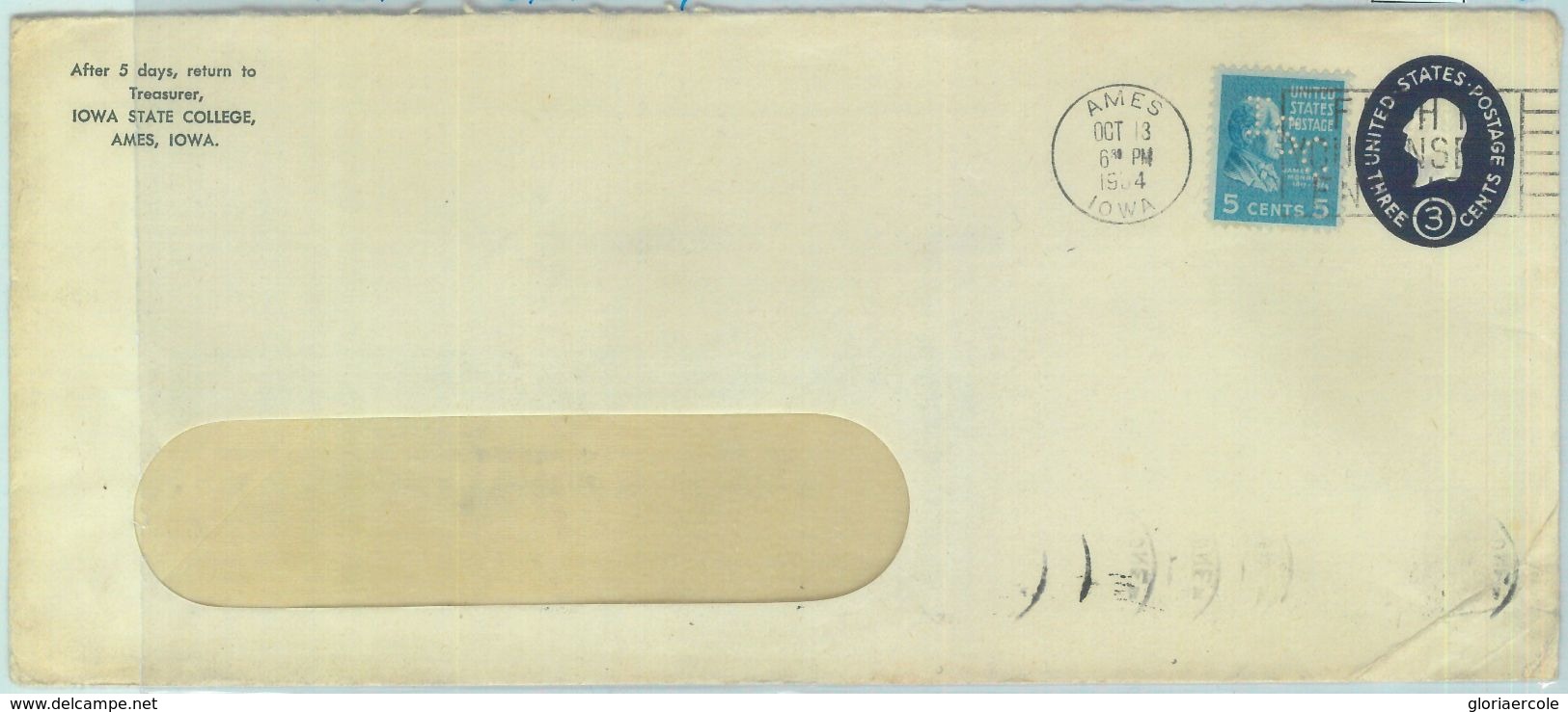84345 - USA - POSTAL HISTORY - PERFIN Stamp On POSTAL STATIONERY COVER  1954 - 1941-60