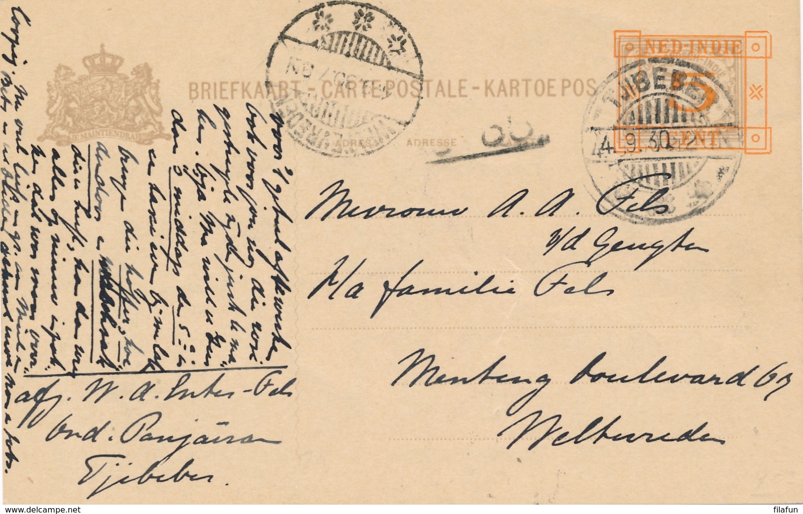 Nederlands Indië - 1930 - 5 Op 7,5 Cent Cijfer, Briefkaart G44 - Volgeschreven Van LB Tjibeber Naar Weltevreden - Nederlands-Indië