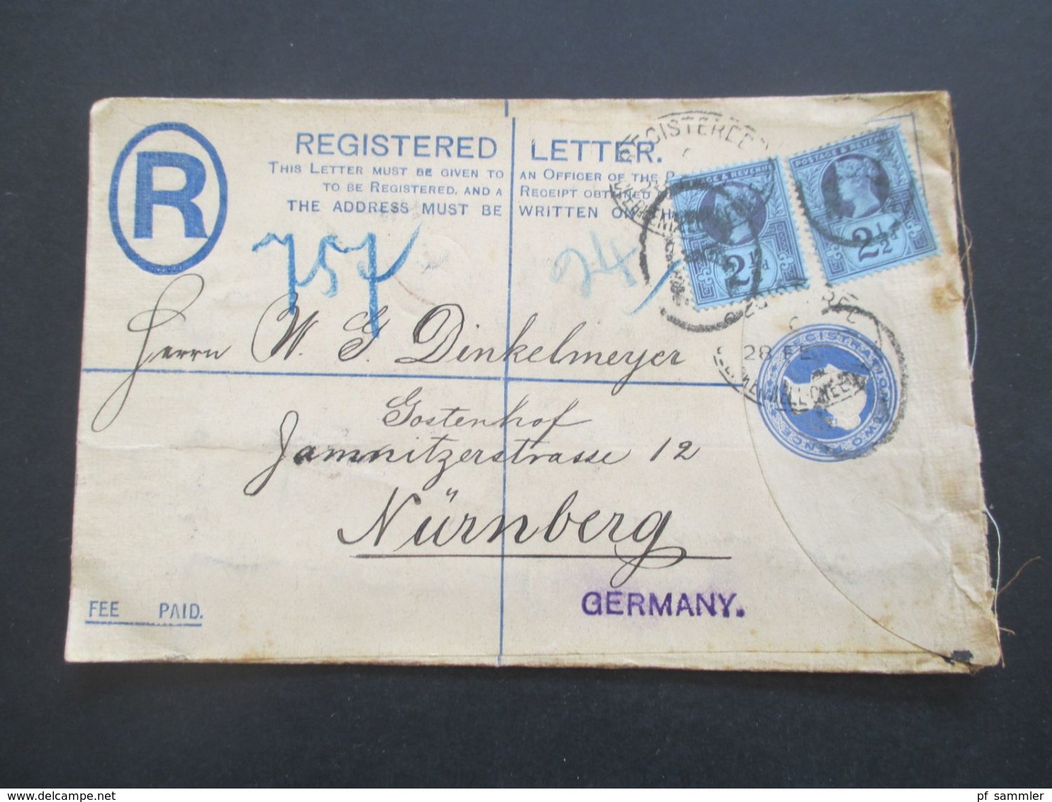 GB 1897 - ca. 1931 Registered Letter alle mit Zusatzfrankaturen nach Nürnberg gesendet. Viele Stempel!! 37 Belege.