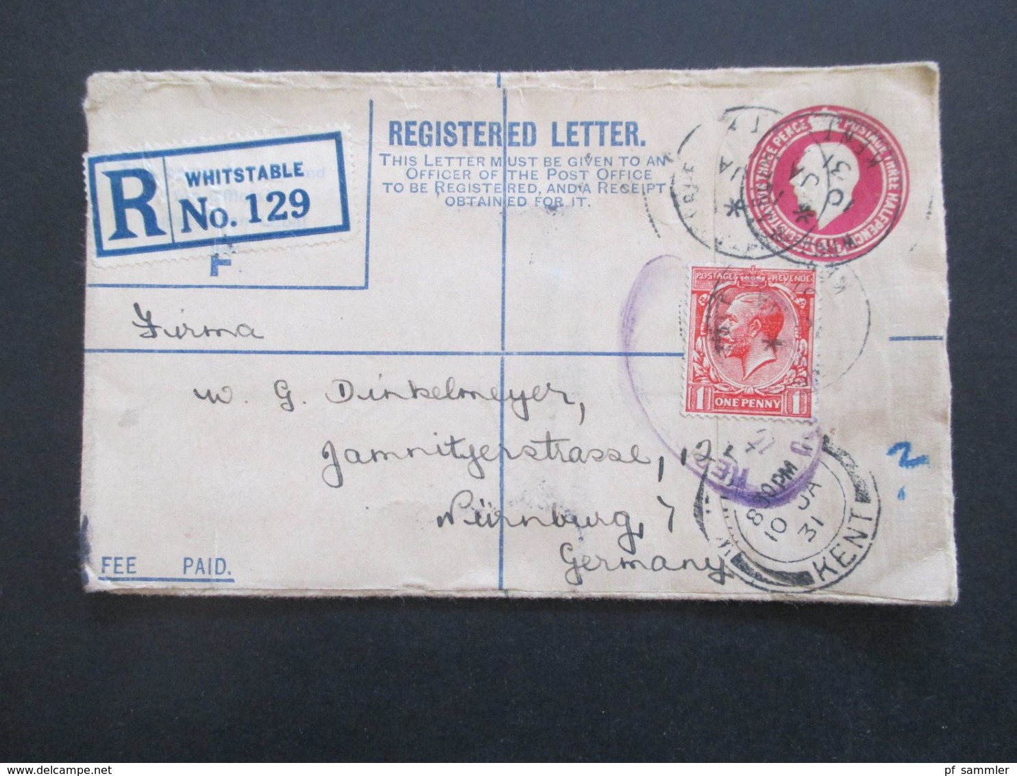 GB 1897 - ca. 1931 Registered Letter alle mit Zusatzfrankaturen nach Nürnberg gesendet. Viele Stempel!! 37 Belege.