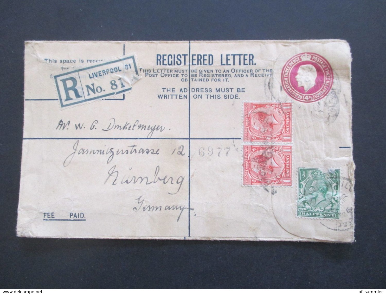 GB 1897 - ca. 1931 Registered Letter alle mit Zusatzfrankaturen nach Nürnberg gesendet. Viele Stempel!! 37 Belege.