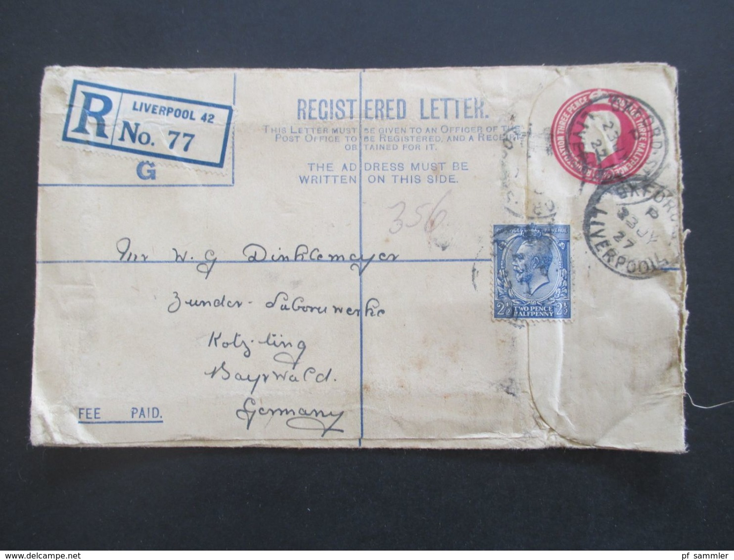 GB 1897 - ca. 1931 Registered Letter alle mit Zusatzfrankaturen nach Nürnberg gesendet. Viele Stempel!! 37 Belege.