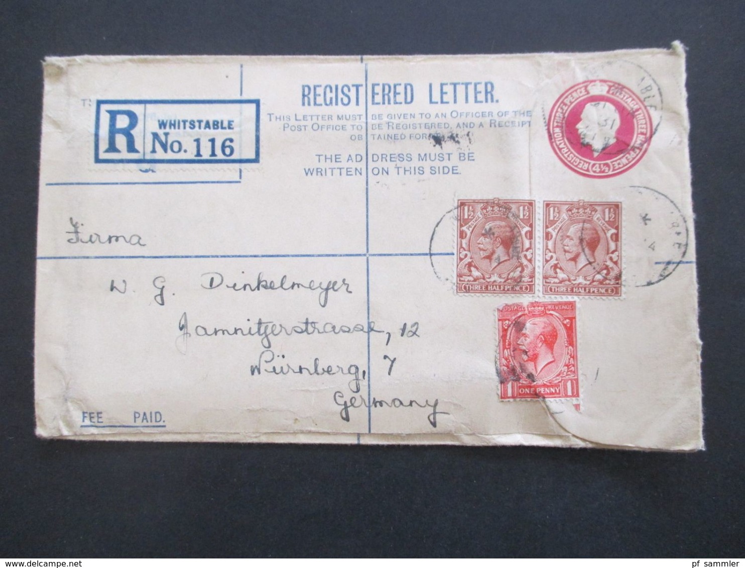 GB 1897 - ca. 1931 Registered Letter alle mit Zusatzfrankaturen nach Nürnberg gesendet. Viele Stempel!! 37 Belege.