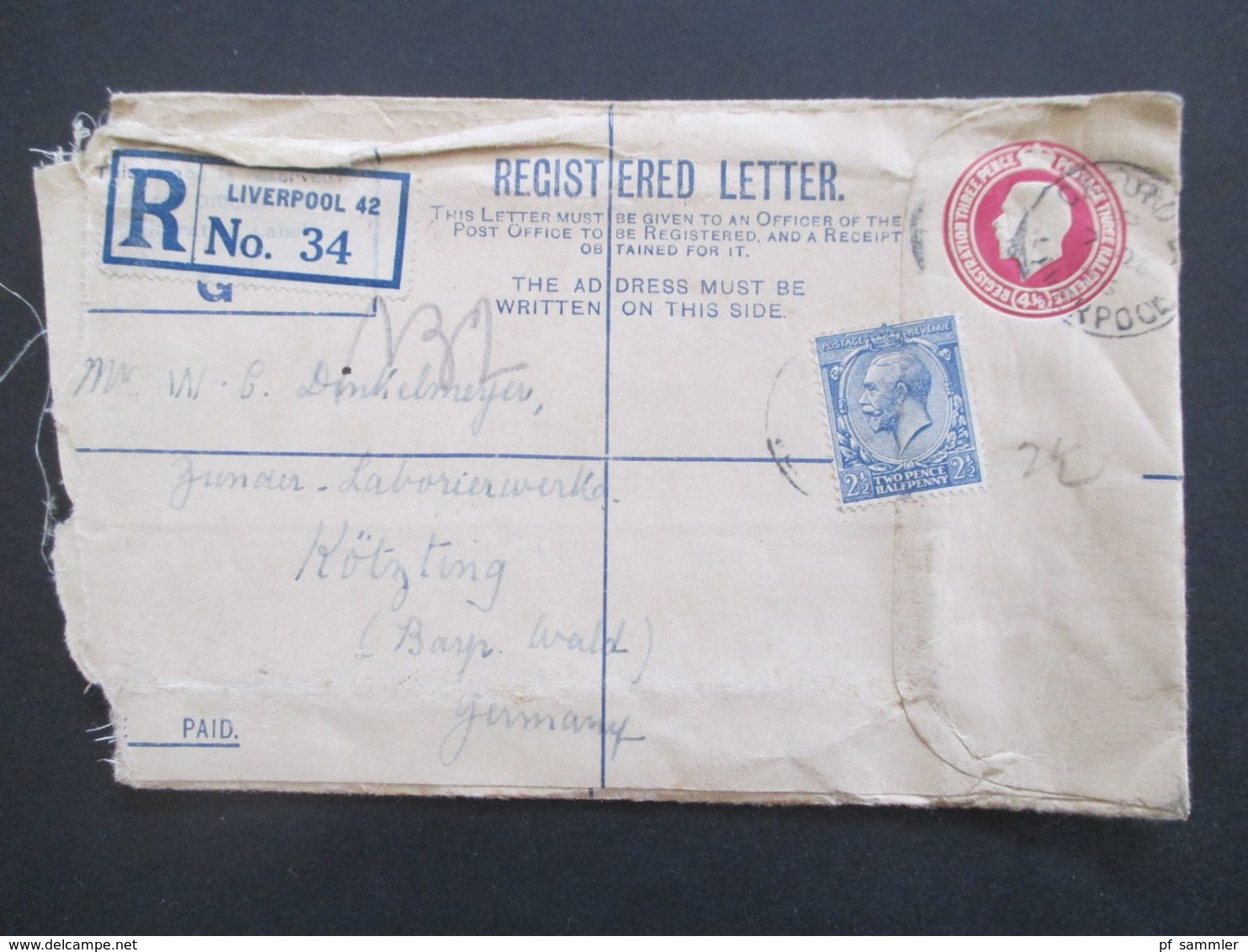 GB 1897 - ca. 1931 Registered Letter alle mit Zusatzfrankaturen nach Nürnberg gesendet. Viele Stempel!! 37 Belege.