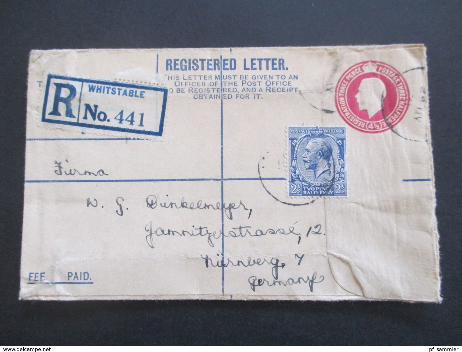 GB 1897 - ca. 1931 Registered Letter alle mit Zusatzfrankaturen nach Nürnberg gesendet. Viele Stempel!! 37 Belege.