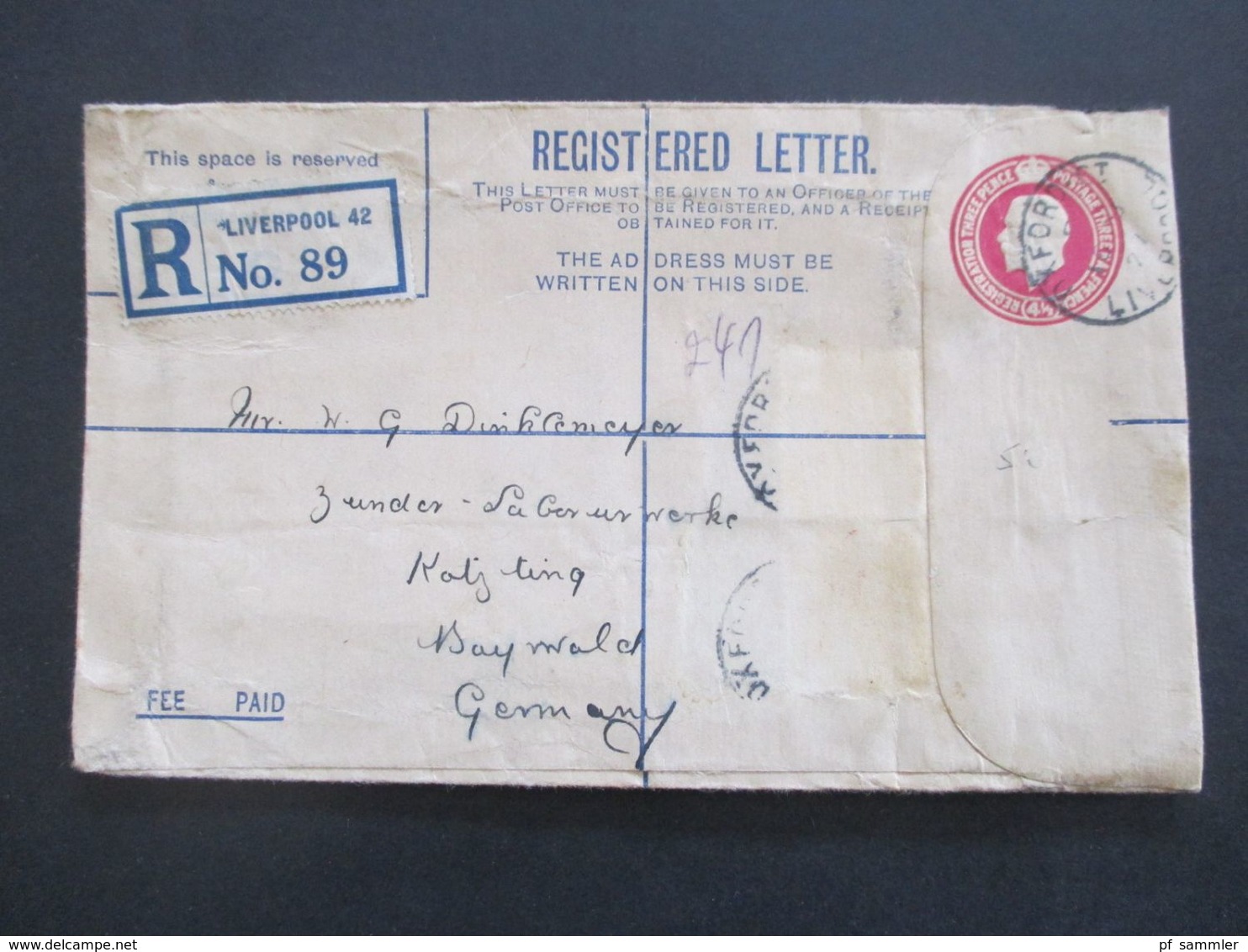 GB 1897 - ca. 1931 Registered Letter alle mit Zusatzfrankaturen nach Nürnberg gesendet. Viele Stempel!! 37 Belege.