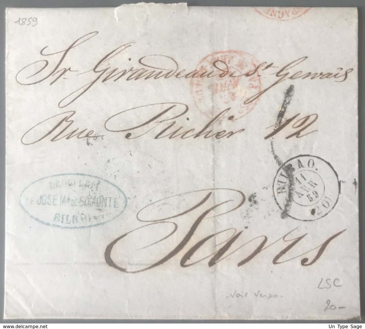 Lettre (LSC) De Bilbao Pour Paris 1859 - TAD ESPAGNE PAR SAINT JEAN DE LUZ - (B2890) - Brieven En Documenten