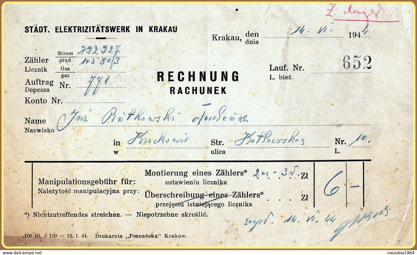 WW2 Generalgouvernement Städtische Elektrizitätswerke Krakau Rechnung 14 VI 1944 WW2 General Government City Of Kraków - 1939-45