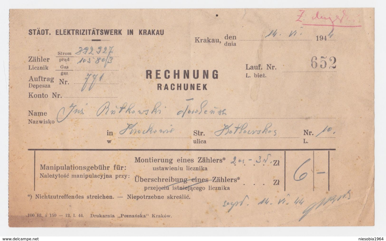 WW2 Generalgouvernement Städtische Elektrizitätswerke Krakau Rechnung 14 VI 1944 WW2 General Government City Of Kraków - 1939-45