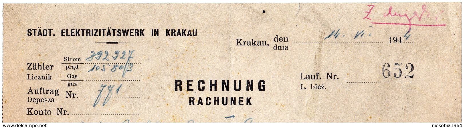 WW2 Generalgouvernement Städtische Elektrizitätswerke Krakau Rechnung 14 VI 1944 WW2 General Government City Of Kraków - 1939-45