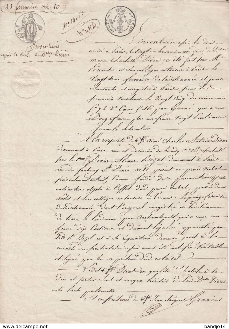 23 Frimaire An 10 - Inventaire Après Le Décès De Marie Charlotte Dieres - 3 Scan - Matasellos Generales