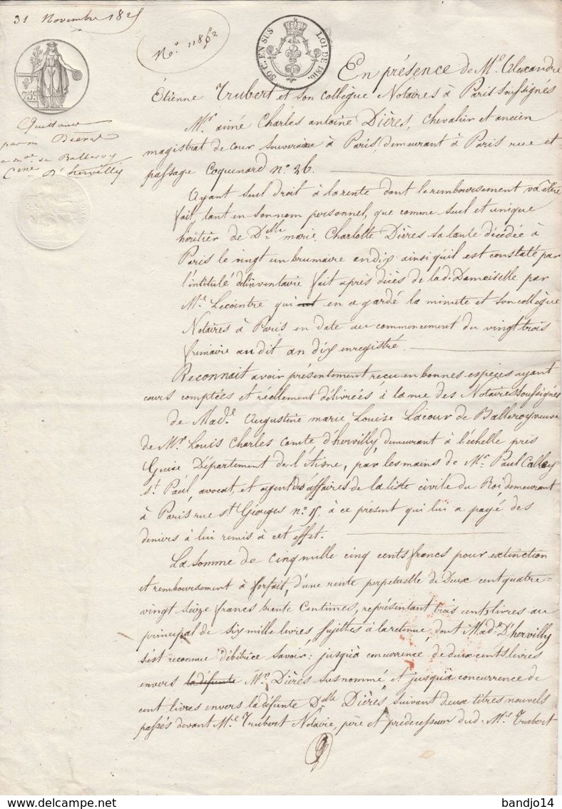 31 Novembre 1821- Quittance Entre La Comtesse D'Hervilly, Marquise De Balleroy Et Le Chevalier Dières -4 Scan - Cachets Généralité