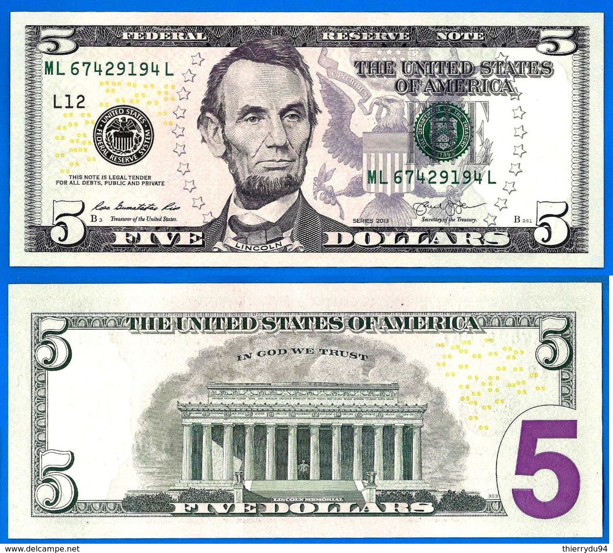 Usa 5 Dollars 2013 Neuf UNC Mint San Francisco L12 Suffixe L Etats Unis United States Dollars US Paypal Bitcoin OK - United States Notes (1862-1923)