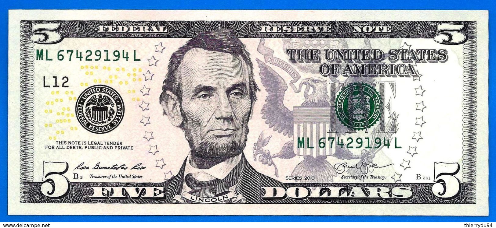 Usa 5 Dollars 2013 Neuf UNC Mint San Francisco L12 Suffixe L Etats Unis United States Dollars US Paypal Bitcoin OK - United States Notes (1862-1923)