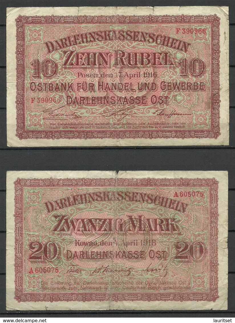 Germany WWI 1918 = 10 Rubel Posen & 20 Mark Kowno Bank Notes 1918 - WWI