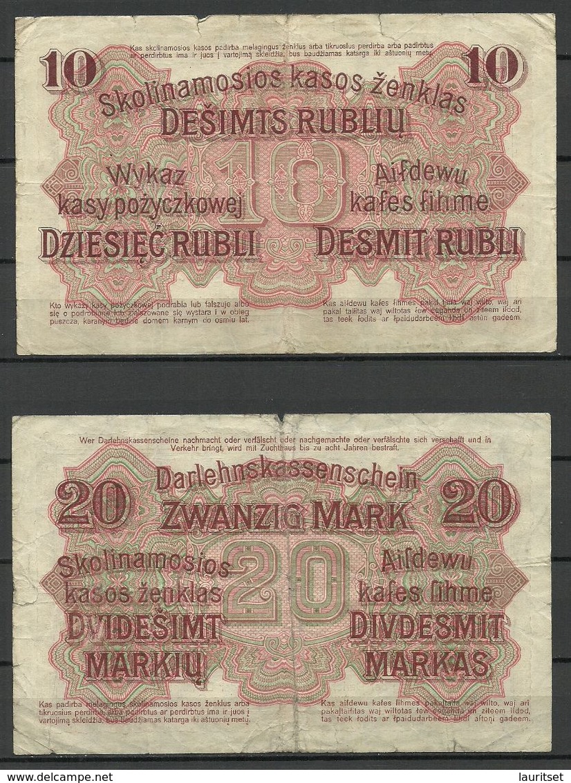Germany WWI 1918 = 10 Rubel Posen & 20 Mark Kowno Bank Notes 1918 - 1° Guerra Mondiale