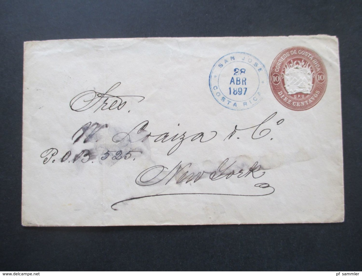 Costa Rica 1897 Ganzsache / Umschlag Diez Centavos Mit Blauem Stempel San Jose Nach New York - Costa Rica