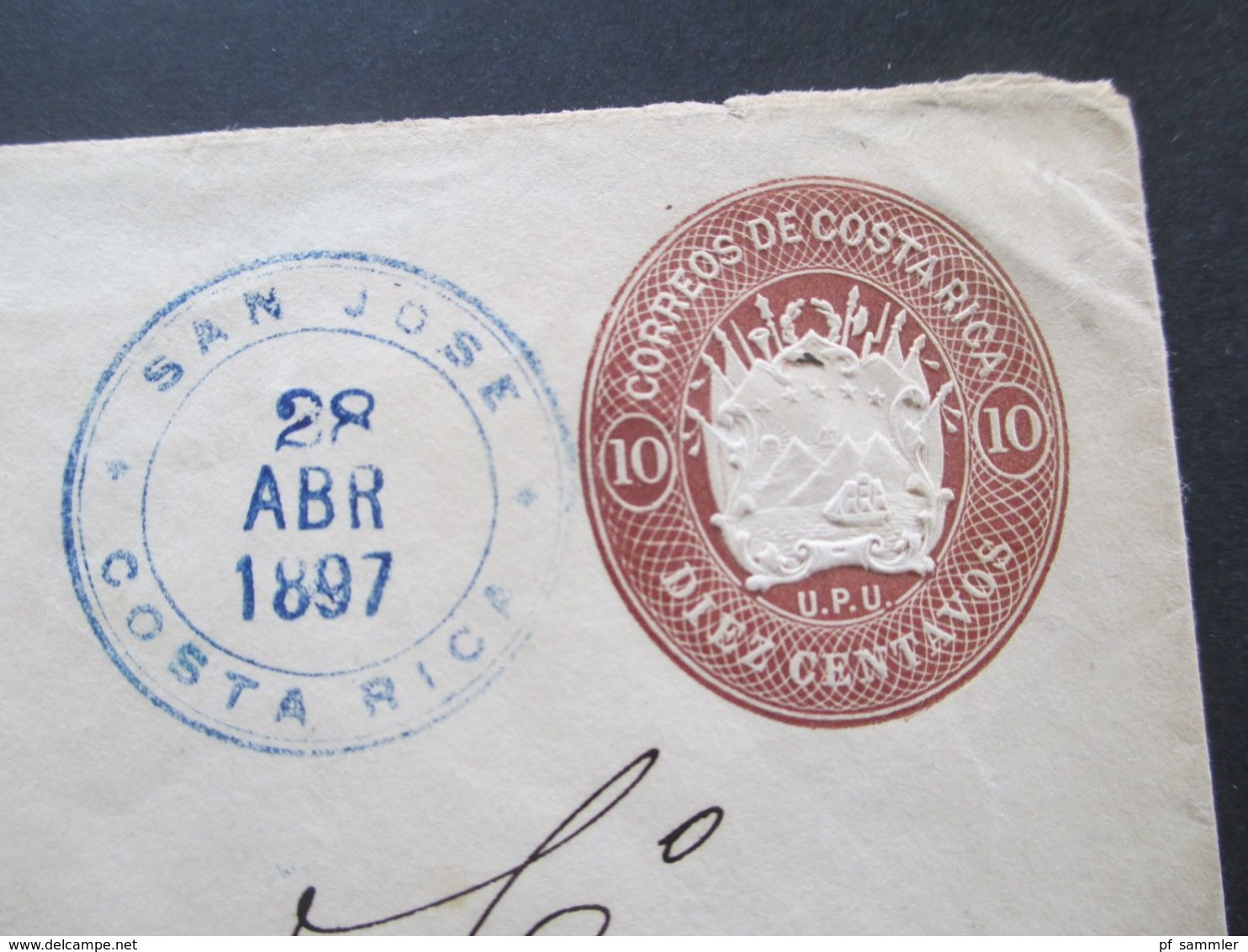 Costa Rica 1897 Ganzsache / Umschlag Diez Centavos Mit Blauem Stempel San Jose Nach New York - Costa Rica