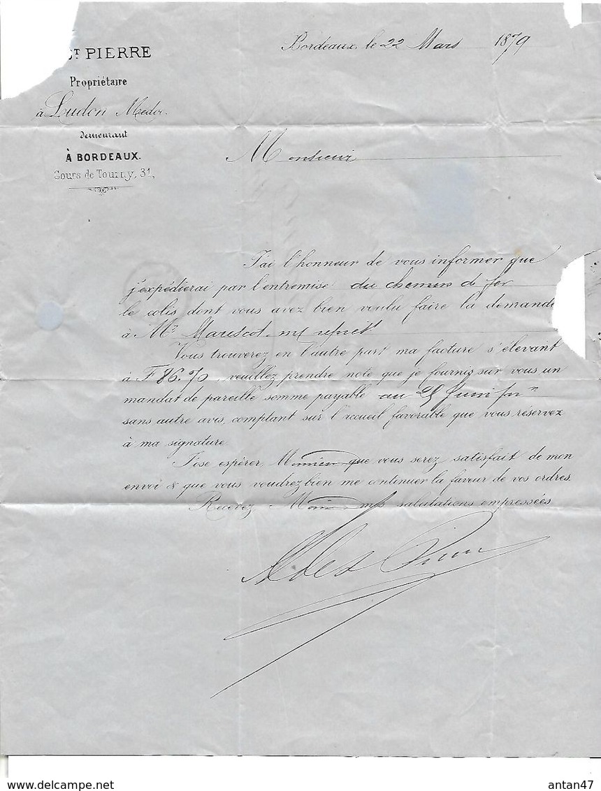 Facture 1879 / 33 GIRONDE / BORDEAUX / A De St PIERRE / Vins, Médoc / Adressé Henriet 25 FRASNE - 1800 – 1899