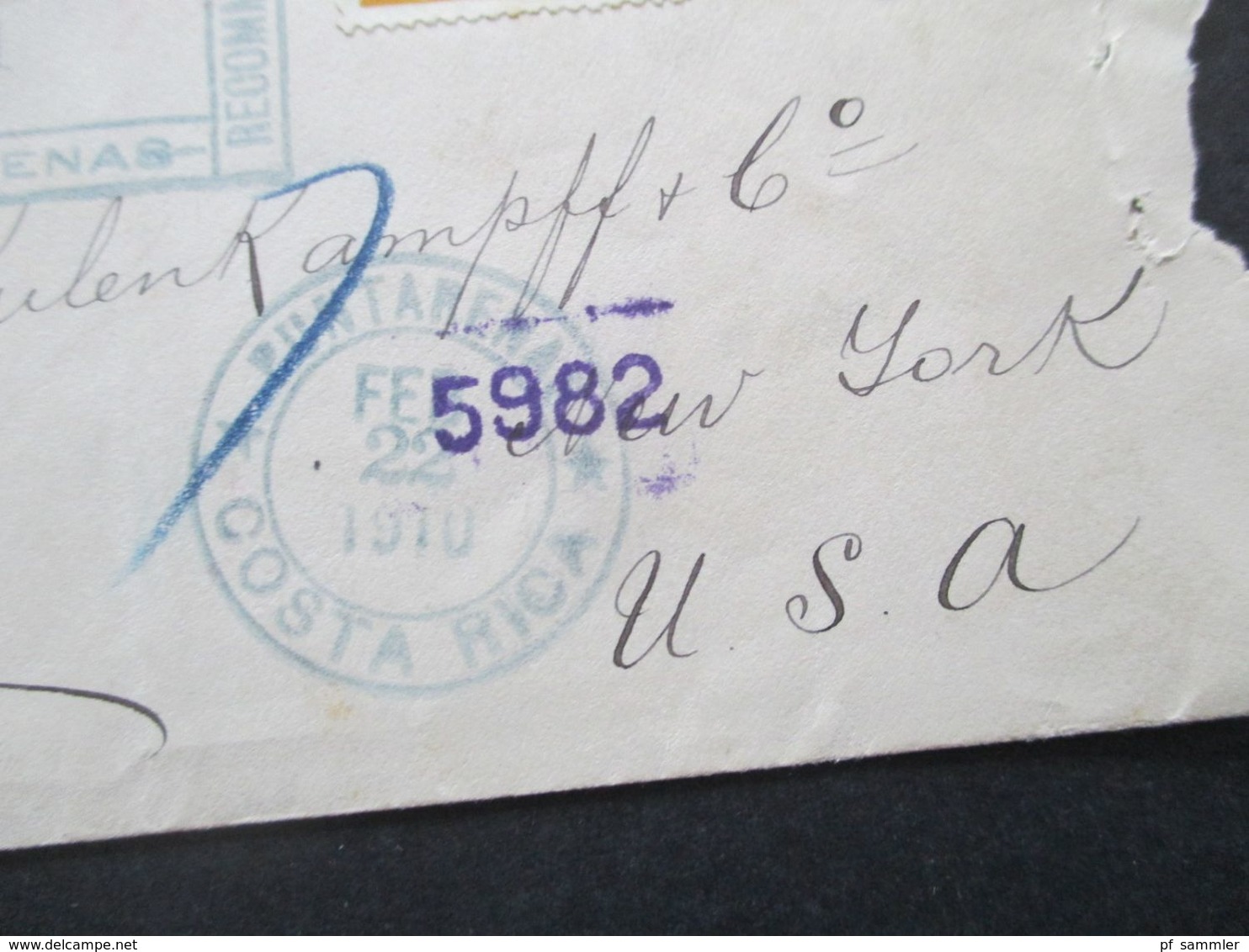 Costa Rica 1910 GA Umschlag UPU Mit Zusatzfrankatur Recommande / Eingeschrieben Nach New York - Costa Rica