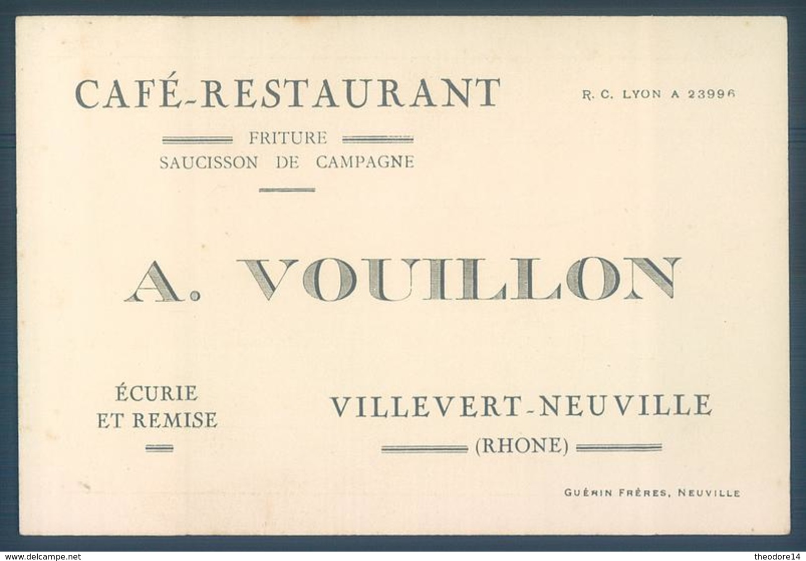 Carte De Visite A. Vouillon Café Restaurant 69 Villevert Neuville 8 X 12 Cm - Cartes De Visite