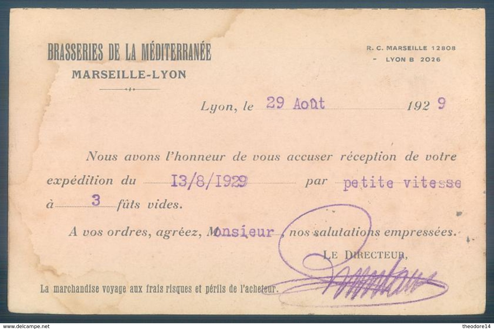 Lot  1 Cpa + 2 Cartes De Visite Brasseries De La Méditerranée Marseille Lyon Avis D'Exp. Frontenaud Ruan Fournier 71 - Publicité