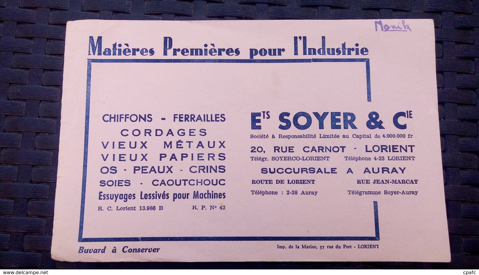 Buvard - Ets Soyer & Cie 20 Rue Carnot LORIENT - Succursale AURAY - B