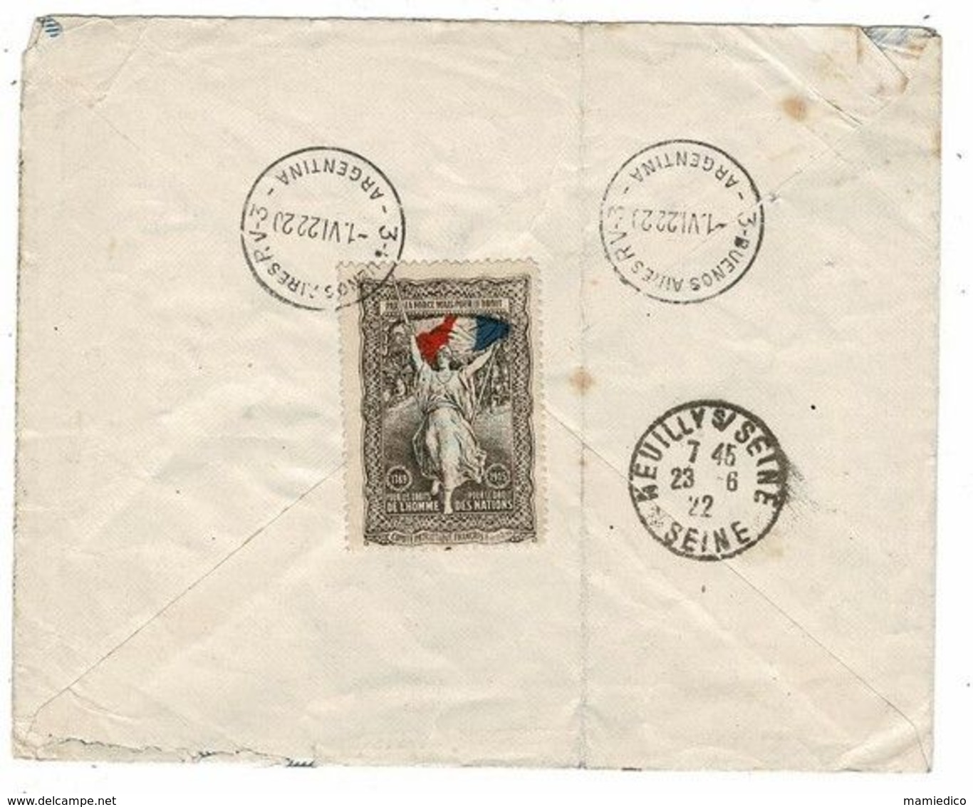 Enveloppes 1 Avec Rare Vignette Française: "Pour Les Droits De L'Homme"expédiée D'Argentine 1922+1 US 1er HOMME Sur Lune - Fantasy Labels