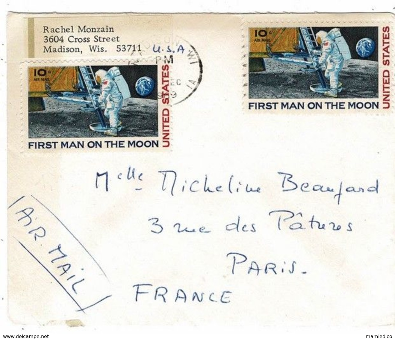 Enveloppes 1 Avec Rare Vignette Française: "Pour Les Droits De L'Homme"expédiée D'Argentine 1922+1 US 1er HOMME Sur Lune - Fantasy Labels